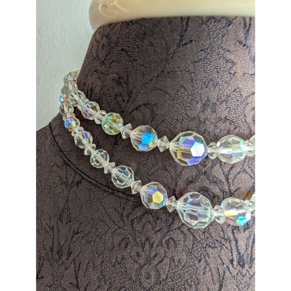 Vintage Aurora Borealis Crystal Beaded Double Strand Necklace With Silver-Tone C - Picture 2 of 6
